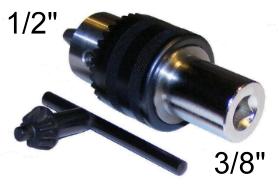 This is a picture of a 3/8" Cowan Chuck, a 3/8" impact wrench drill chuck, and key.